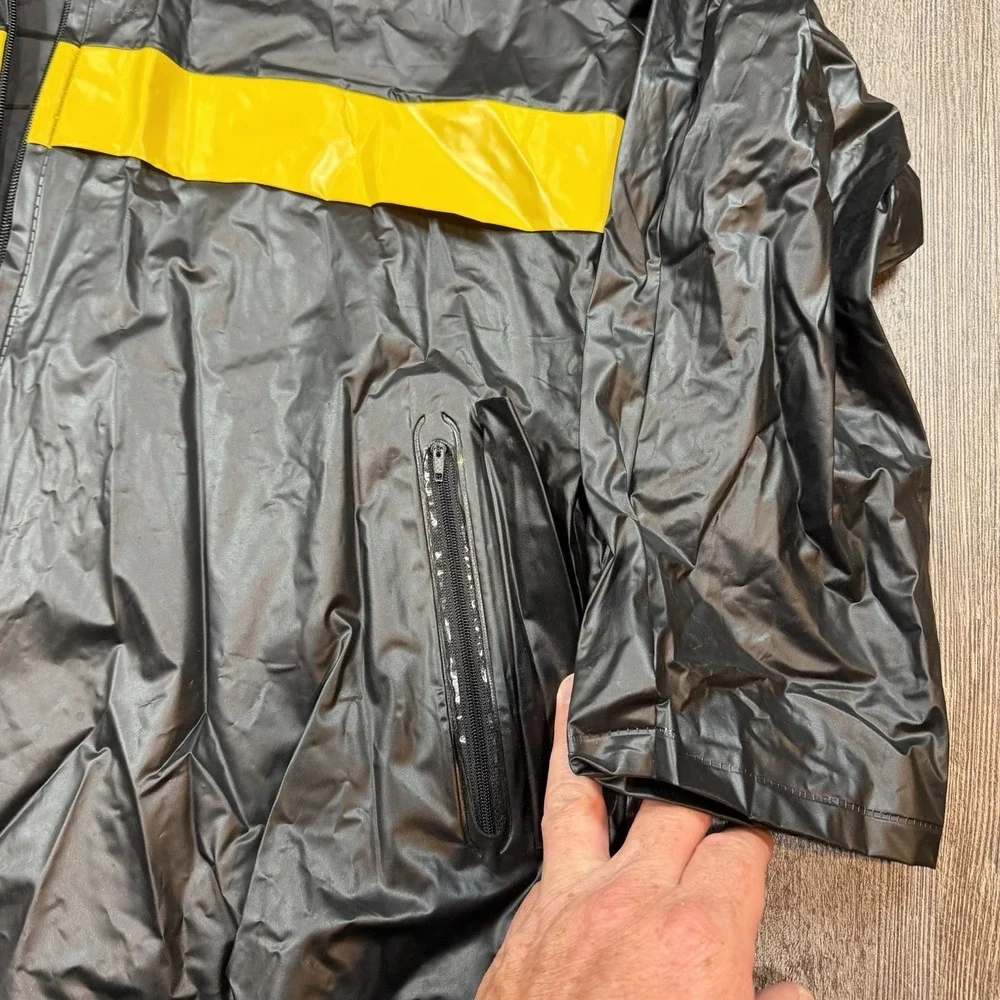 Fossil Authentic PVC Hooded Rain Jacket Black Yellow Stripe Full Zip Mens Medium